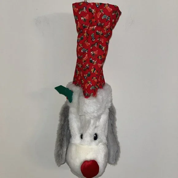 Chosun Christmas Stocking 3D Plush Stuffed Animal Dog Holly Bow Grey & White Dog - Picture 2 of 10